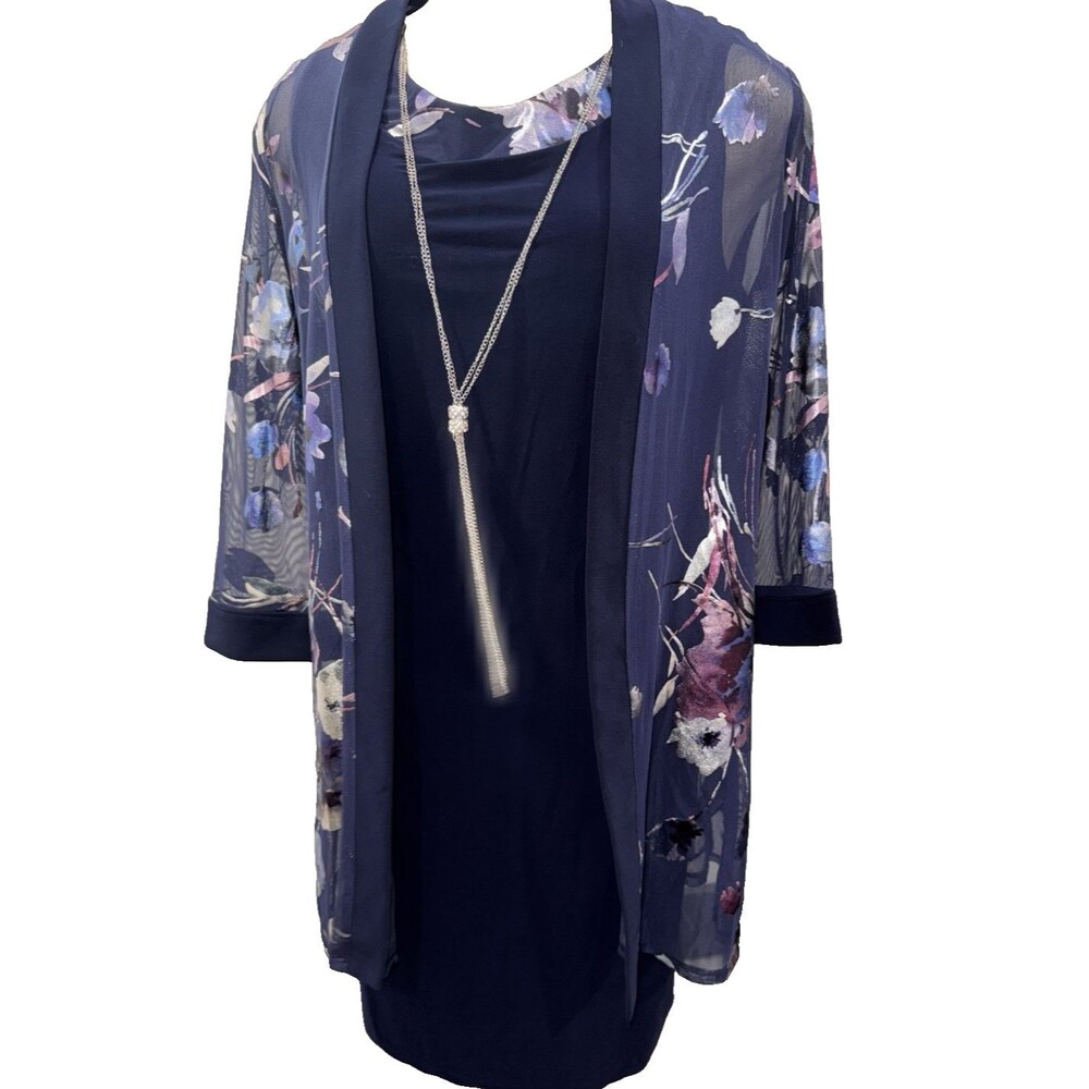 R&M Richards Women's Navy 2 Pc. Necklace Dress & Printed Jacket Set Size: 10